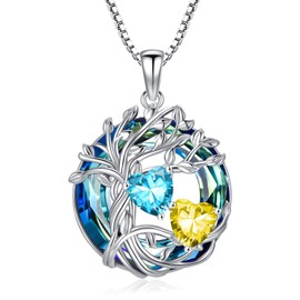 Aquamarine and Citrine Necklace s925 Sterling Silver Tree of Life March and November Birthstone Pendant Necklace Jewelry Christmas Mothers Day Birthday Gifts for Women Her Girlfriend Wife Sister Mom