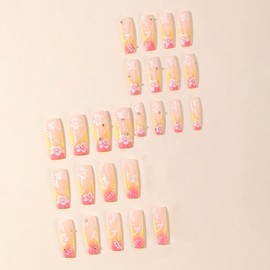 Ombre French Tip Press on Nails Long Square Fake Nails with Rhinestones Flower Lines Polka Dots Designs Pink Yellow Gradient Glue on Nails Nude Full Cover Stick on Nails for Women 24Pcs