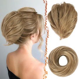 BARSDAR Straight Hair Bun Extensions - Short Straight Ponytail Hair Bun Extensions for Women, Elastic Synthetic Blonde Hair Bun Scrunchies Hairpieces Girls Daily- Ash Blonde & Beige Blonde
