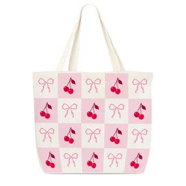 Dr.Baner Pink Bow And Cherry Tote Bag For Women, Cute Coquette Canvas Tote Bag, Reusable Grocery Shopping Bag, Birthday Christmas Gifts For Women Girls E(04)