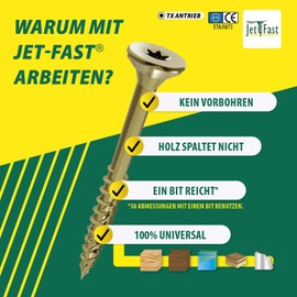 Jet-Fast Original Universal screws, Duo-countersunk head, self-drill bit, gold, 11605x80n