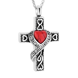 Hearbeingt Cremation Jewelry Urn Necklaces for Ashes, Retro Crystal Cross Memorial Pendant Made of 316L Stainless Steel with Heart Shape Turquoise.