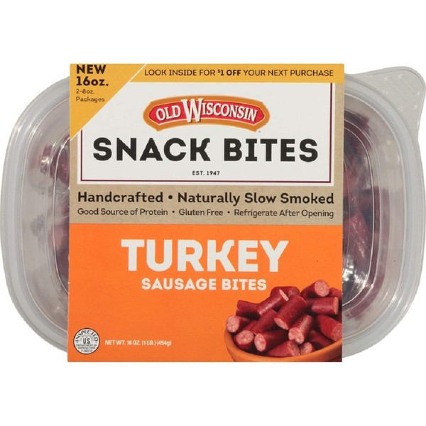Old Wisconsin Turkey Sausage Snack Bites, Naturally Smoked, Ready to Eat, High Protein, Low Carb, Keto, Gluten Free, 16 Ounce Resealable Tub with Two Stay-Fresh 8 Ounce Packs