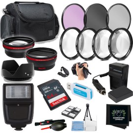 49mm Accessory Bundle for Canon EOS R100, R50, and R10 + Wide Angle and Telephoto Lens + Battery + Battery Charger + Filters + Slave Flash + More (16pc Bundle)