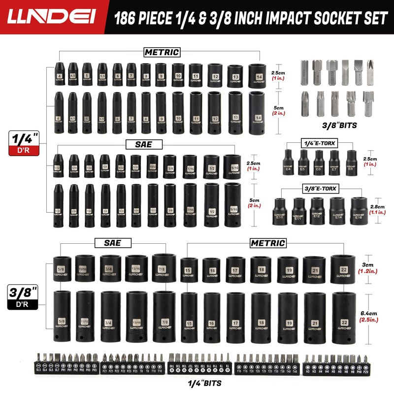 LLNDEI 1/4 & 3/8 Inch Drive Impact Socket Set, 186