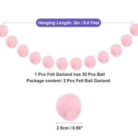 sourcing map 2Pcs Felt Ball Garland Cream Pink Pom Pom Garland Handing Balls 6.6 Feet Long 30 Balls Party Banner Decor for Christmas Birthday Party Decoration