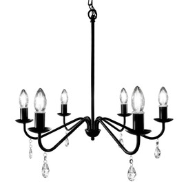 Brink House Black Farmhouse Outdoor 6 Light Plug-in Chandelier H19”xW23”, Curved Black arms, and Low Voltage IP65 Water Resistant Electrical Components