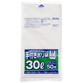 Japax ON03 Trash Bags, White Translucent, Width 13.0 x Depth 6.7 x Height 27.6 inches (33 x 17 x 70 cm), Thickness 0.0006 inches (0.015 mm), 9.8 gal (30 L), Gusset, Can Be Tied, Portable, Plastic Bags with Hands, Pack of 50