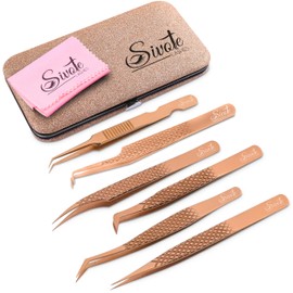 SIVOTE Paquete de 6 pinzas profesionales para extensiones de pestañas de acero japonés, oro rosa