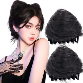 Furimuk 2PCS Space Buns Hair Pieces, Mini Claw Clip in Messy & Cat Ears Fake Hair Bun Extensions Scrunchies, Wig Accessory for Women (Brownish black)
