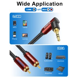 SOUNDFAM 3.5mm Aux to RCA Cable 6FT, 90 Degree Right Angle 3.5mm TRS Male to 2RCA Male Y Splitter Cable 24K Gold Plating Dual Shielding for Smartphone, Speaker, MP3, Tablet & More