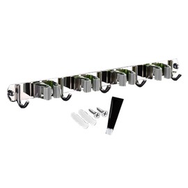 Punch Free Wall Mount Mop Broom Holder 4 Clips 5 Hooks Stainless Steel Mop Broom Holder Grey