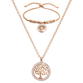 Pulsera Mujer Árbol de la Vida,Collar de Mujer Regalo，Collar con colgante de acero inoxidable para regalo de graduación de cumpleaños,Regalos para Día de la Madre, Día de San Valentín, Navidad(Oro rosa)