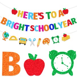 HOWAF Here's to a Bright School Year Banner,Back to School Garland Banner for First Day of School Photography Background, Kids Welcome Back Classroom Decor