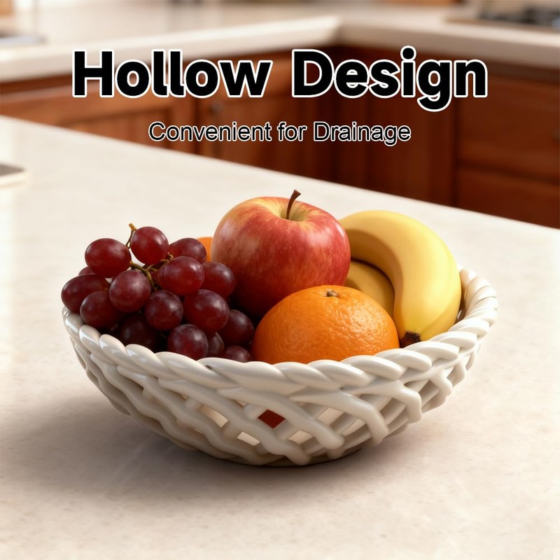 JBESUHI 9.6 Inch Woven Ceramic Fruit Bowl with Drain Holes