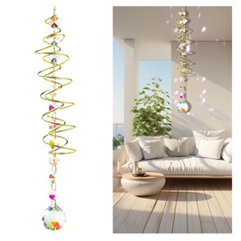 Crystal Sun Catcher, Decorative, Colourful Hanging Sun Catcher with Double Spiral, Crystal Wind Chime with Seven Chakra Beads, Sun Catcher Wind Chime with View of Ball Spiral Tail