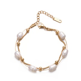 vissen Oval Baroque Pearl Layered Bracelets for Women Gold Plated Link Beaded Bracelet Adjustable Bracelets Wedding Jewelry