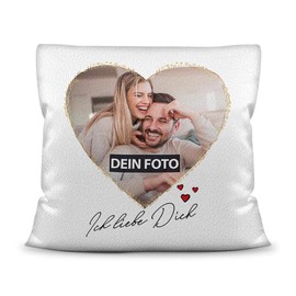 PR Print Royal Photo Cushion Including Filling with Saying "Ich Liebe Dich - zum SelbstGestalten with Desired Photo in the Heart for Lovers" - Polyester Cushion - White Fluffy 40 x 40 cm