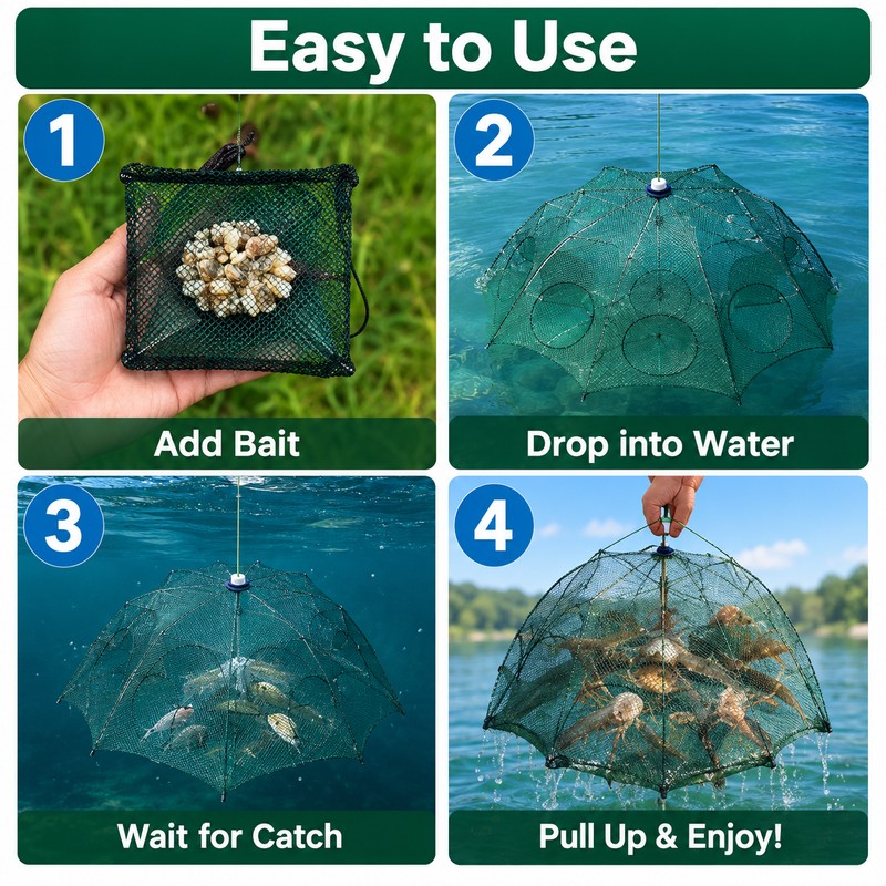 Portable Folding Fishing Trap – 8-Hole Mesh Cage for Crab,