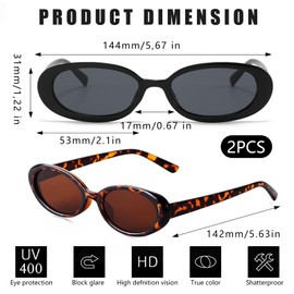 FeiOne Pack of 2 Women's Sunglasses Vintage Oval Sunglasses Polarised & UV400 Protection Women & Men Retro Design Classic Party Driving Travel Glasses, multicoloured