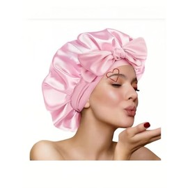 PAVNSO 1 Pack Silk Bonnet, Adjustable Soft Satin Bonnet Tie Band, single Layer Sleep Night Cap for Sleeping Women/Natural & Curly Hair(pink)