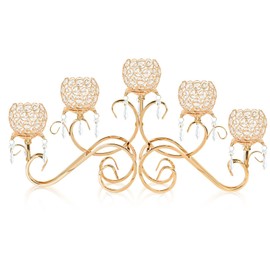 Kehail Gold 5 Arms 26.8 Inches Wide Crystal Pendant Bowl Tea Light Candle Holder, Large Bling Centerpiece Table Decorations, Metal Votive Candle Holders for Dining Table (Gold, Bowl-Shaped)