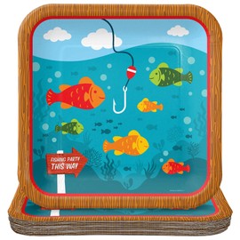 HOME & HOOPLA Camping and Fishing Party Supplies - Fisherman Square Paper Dinner Plates for 16 Guests