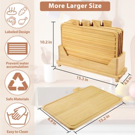 Essenhome Large Bamboo Cutting Board Set of 4 - Wood Cutting Board Set with Holder - Cutting Board Set with Food Icons & Juice Groove - Ideal for Meat, Fish, Bread,& Vegetables