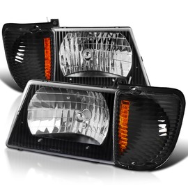 Spec-D Tuning Black Housing Clear Lens Headlights + Corner Lights Compatible with 1992-2006 Ford E150 E250 E350 E450 E550 Econoline Van L+R Pair Head Light Lamp Assembly