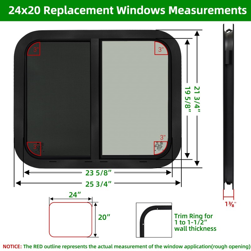 RV Window,24"W x 20"H Horizontal Sliding Replacement RV Window for