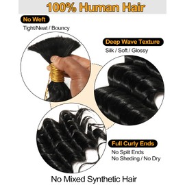 BEEOS Human Boho Braiding Hair, #1 Jet Black Deep Wave Bulk Human Hair for Bohemian Knotless Braids 100g 22 Inch