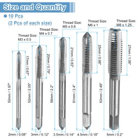 uxcell 2 Set (10pcs) Hand Threading Taps M3 M4 M5 M6 M8 H2 Metric Thread Tapping Tool Kit, High Speed Steel (HSS) Screw Taps