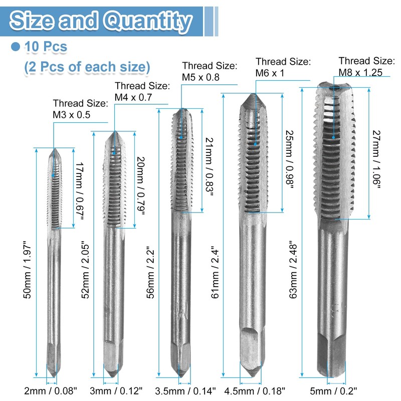 uxcell 2 Set (10pcs) Hand Threading Taps M3 M4 M5