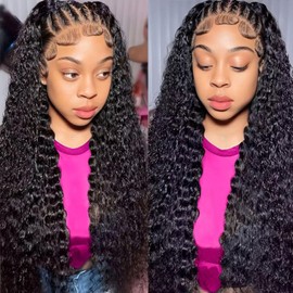 13X6 Human Hair Curly Wigs Pre Plucked 200 Density HD Transparent Lace Frontal Braided Wig Brazilian Deep Wave Lace Front Wigs withBaby Hair 18inch