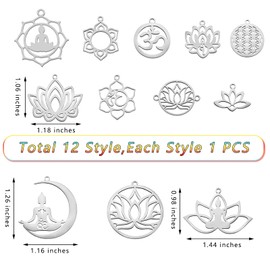 COGCHARGER 12 Pieces Stainless Steel Charm Pendant Chakra Lotus Laser Cut Charm Mixed Shapes Pendant for Jewelry Necklace Bracelet Earring Making Crafts
