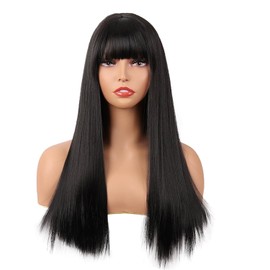 Black Wig – Long Straight Synthetic Wig for Women & Girls, Natural Looking Heat-Resistant with Bangs, Soft Cosplay Costume Hair, Daily & Party Use