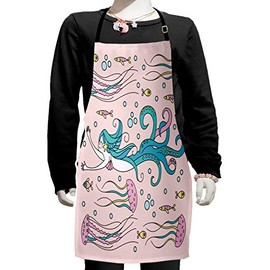 Ambesonne Sea Monster Apron, Mythological with Long Hair Jellyfish Fish, Small Apron Bib with Adjustable Ties for Baking Painting, Small Size, Pale Pink Multicolor