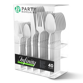 Party Bargains Disposable Plastic White Cutlery Set, Infinity Modern Design Utensils, 80 Pack: 32 Forks, 16 Knives, 32 Spoons