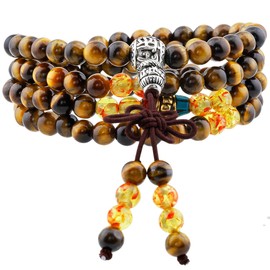 Shanxing 6mm Tiger's Eye Crystal 108 Prayer Beads Mala Wrap Bracelet for Men Women, Worry Beads Yellow Healing Crystal Bracelet Tibetan Buddhist Jewellery Gift Buddha Reiki Meditation Stone Necklace