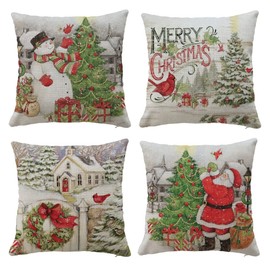 Hangood Christmas Cushion Covers Set of 4 pcs XMAS Design Home Decoration XMAS Throw Pillow Case Cover 18x18 inches 45cm x 45cm Vintage Snowman Santa Tree