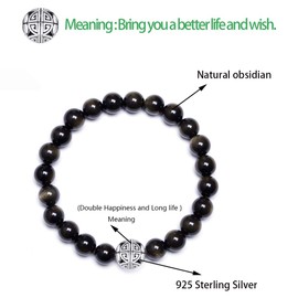 Handcrafted Gemstone Healing Energy Bracelets 925 Sterling Silver Double Happiness Pendant Natural Wellness for Women 8mm Beads (Obsidian)