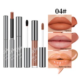 3PCS Lip Makeup Set – Matte Lipstick, Peel-Off Lip Liner & Butter Lip Gloss, Long-Lasting Waterproof Lip Kit for Smooth, Defined & Hydrated Lips (# 04)