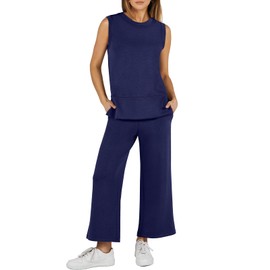 ANRABESS Women's 2 Piece Sets Summer Outfits Sleeveless Wide Leg Tracksuits Casual Sweat Sets Lounge Sweatsuits, Navy, Medium