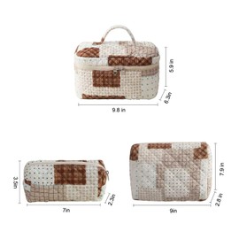 LYkotama Makeup Bag Set, Large Travel Cosmetic Bags for Women, 3pcs Cute Floral Makeup Bags, Cotton Quilted Toiletry Organizer Bag, Women's Emergency Bag (Coffee Color - Grid)