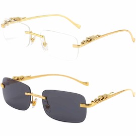 Dollger Rectangle Rimless Sunglasses for Women Men Leopard Arms 70s 80s Retro Sun Glasses