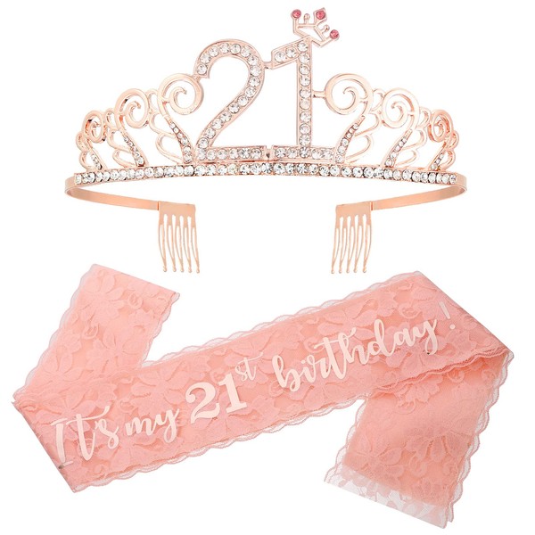 Rose Gold 21st Birthday Sash Rhinestone Birthday Crown Women Girls Birthday Tiara,Birthday Gifts for 21st Women Birthday Party Supplies