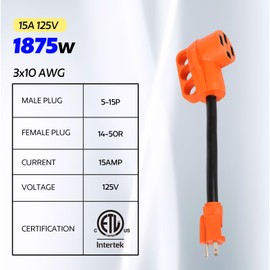 15 Amp to 50 Amp RV Adapter, NEMA 5-15P to 14-50R Female Receptacle Dogbone Electrical Converter, Durable and Safe ETL Listed 15 to 50 amp rv Adapter for Camper, Heavy Duty 13 inch rv Extension Cord