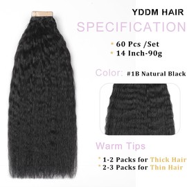 YDDM Black Women's Tape Extensions, Real Hair, Black, Kinky Straight Tape-In Hair Extensions, Real Hair Tapes, Invisible Extensions, Real Hair, Tape Extensions, Real Hair, 14 Inches, 60 Pieces, 90 g