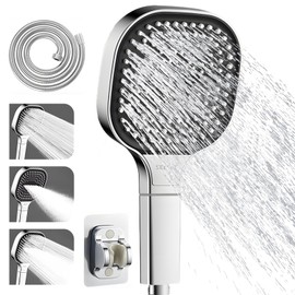 Water Saving Shower Head, 13 cm Diameter, Water-Saving Shower Heads, 3 Jet Types, Shower Head with 1.5 m Hose and Hole-Free Base, Water-Saving Shower Head - Silver
