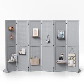 Bonnlo 4/6 Panel Pegboard Freestanding, 5 FT Portable Display Board Organizer for Craft Show Jewelry, Wooden Folding Privacy Screen Room Divider (Grey, 6 Panel with Base)